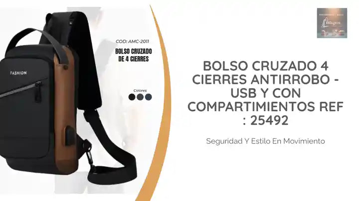 Bolso Cruzado 4 Cierres Antirrobo -USB y con Compartimientos Ref : 25492 by@Outfy